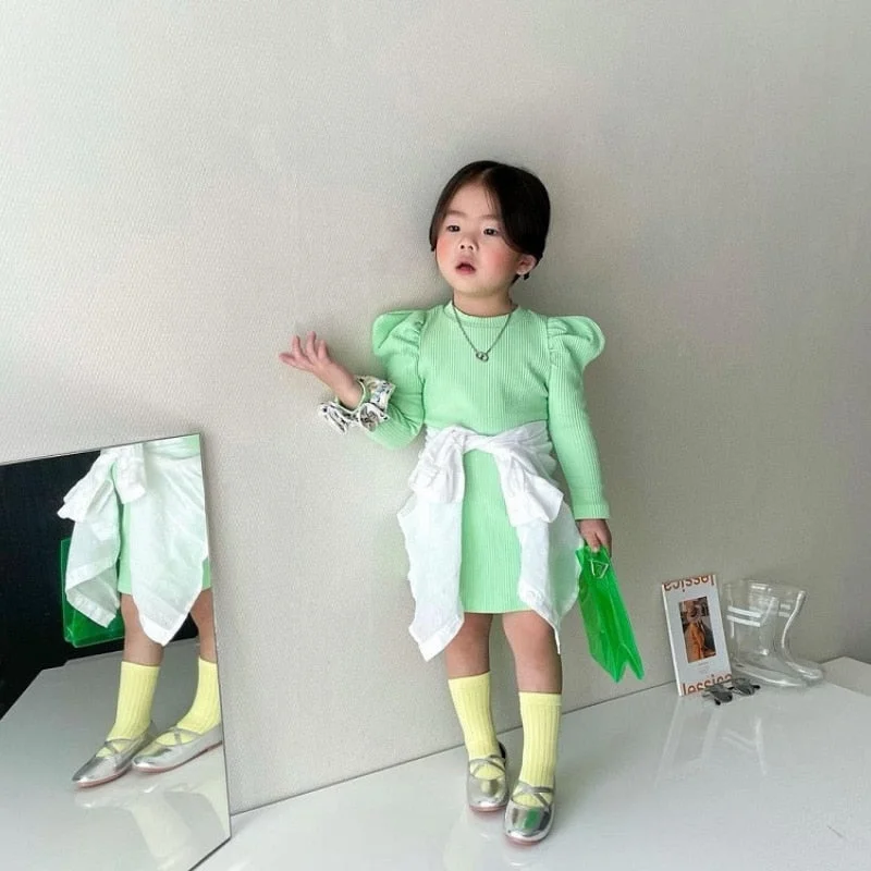 Fashion New Baby Girl Ribbed Tshirt Dress Cotton Infant Toddler Girl Long Tshirt Dress Long Puff Sleeve Baby Clothes 1-7Y