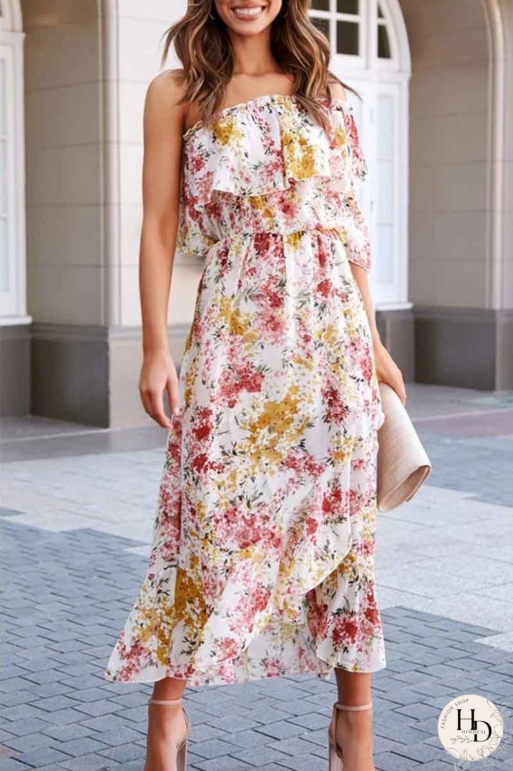 Off- shoulder Print Dress