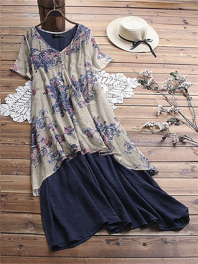 Women's Long Dress Maxi Dress Casual Dress Shift Dress Summer Dress Floral Basic Casual Outdoor Daily Holiday Button Fake two piece Short Sleeve V Neck Dress Loose Fit ArmyGreen Blue Orange Spring