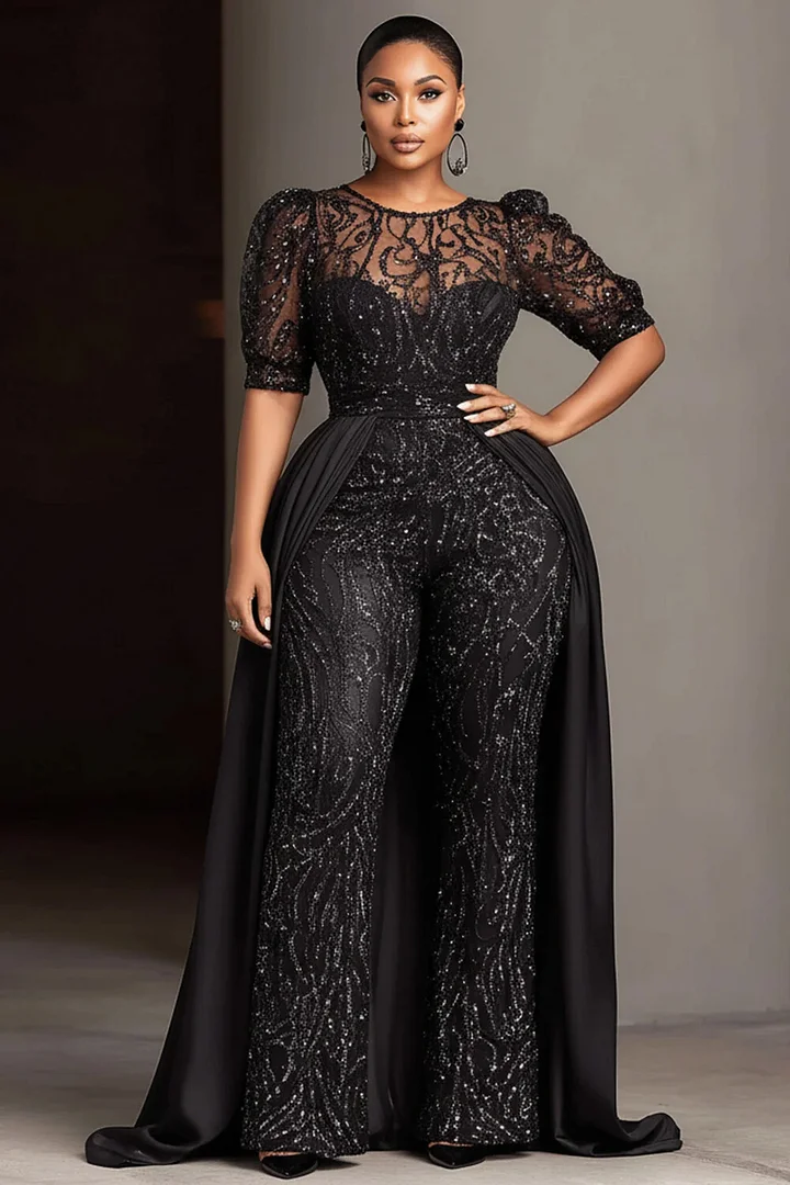 Xpluswear Design Plus Size Formal Satin Black Round Neck Short Sleeve With&nbsp;Skirt&nbsp;Overlay&nbsp;Pocket Sequin Jumpsuits 2024 - Xpluswear