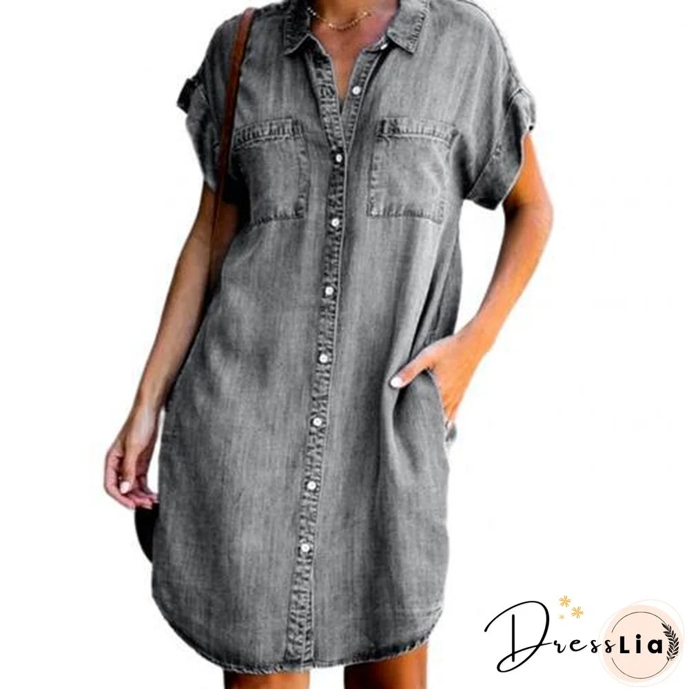 New Casual Short Sleeve Slim Fit Denim Dress Women Solid Color Loose Midi Y2k Dress Vestidos De Mujer