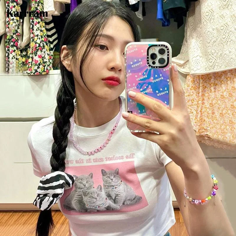 Colourp Korean Fashion Cute Crop Tops Kawaii Cat Print Short Sleeve T-shirts Kpop Women Japanese Style Sim Tee Shirts Streetwear