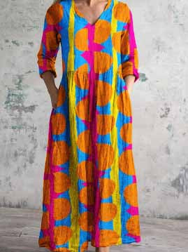 Women's 3/4 Sleeve V-neck Floral Printed Midi Dress