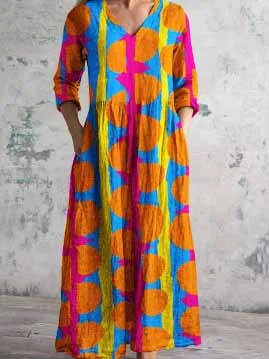 Women's 3/4 Sleeve V-neck Floral Printed Midi Dress