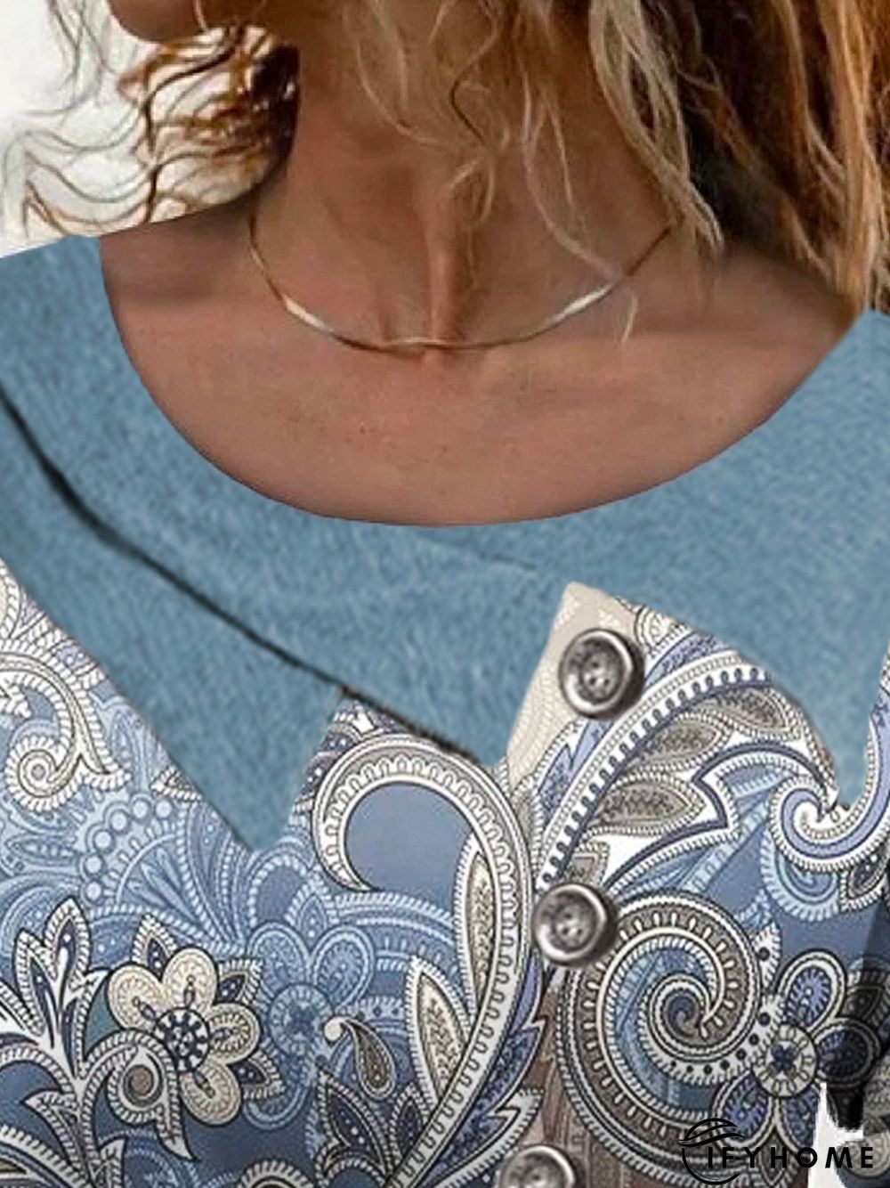 Paisley Long Sleeve Asymmetrical Neck Buttoned Casual Top | IFYHOME