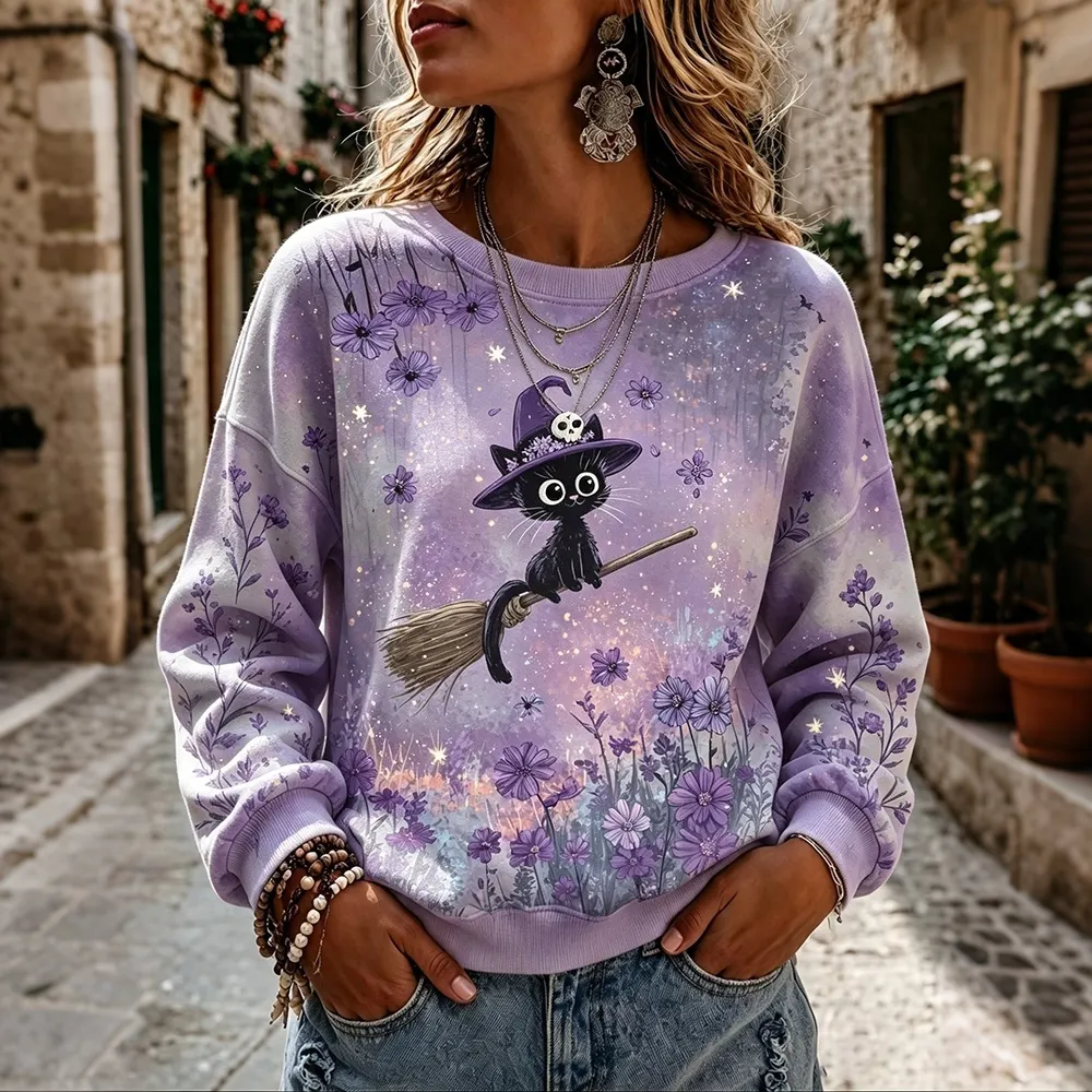Comstylish Women's Retro Floral Black Cat Witch Design Crew Neck Sweatshirt