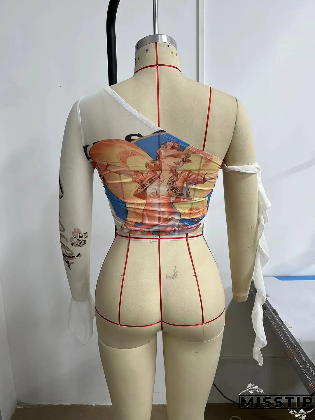 Summer Street Slash Shoulder Single Sleeve Print Women Crop Slim Top