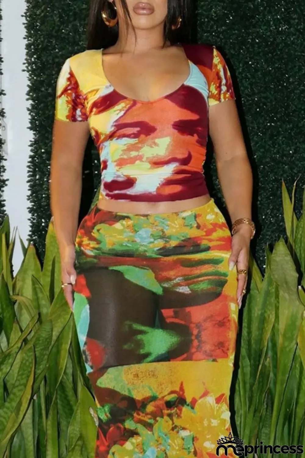 Colour Sexy Print Basic O Neck Short Sleeve Two Pieces