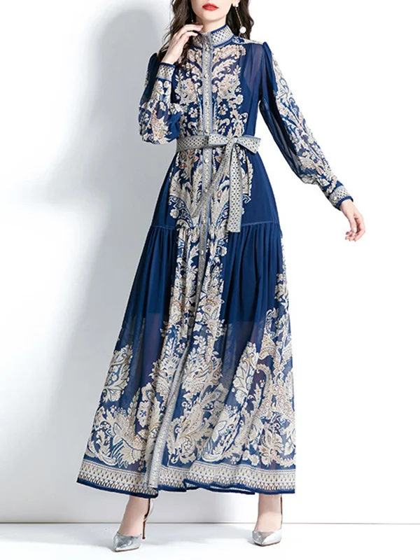 A-line Puff Sleeves Printed See-Through Tied Waist Stand Collar Maxi ...