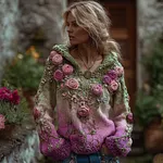 Women's Bohemian Style Pink Purple Rose Gradient Hoodie Sweater - Image 2