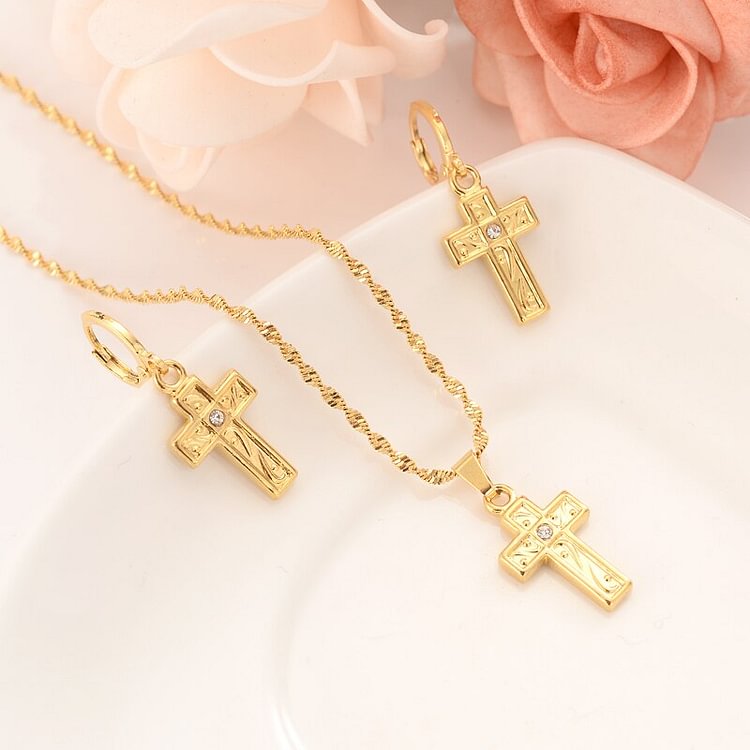 24k gold cz cross Pendant Necklace chain Earrings sets