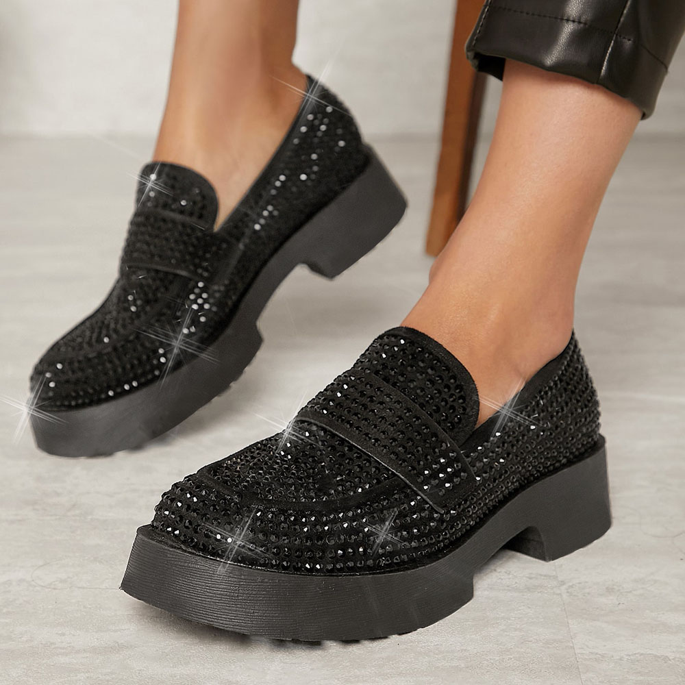 Trendy Black Round Toe Rhinestone Chunky Loafers for Women Nicepairs