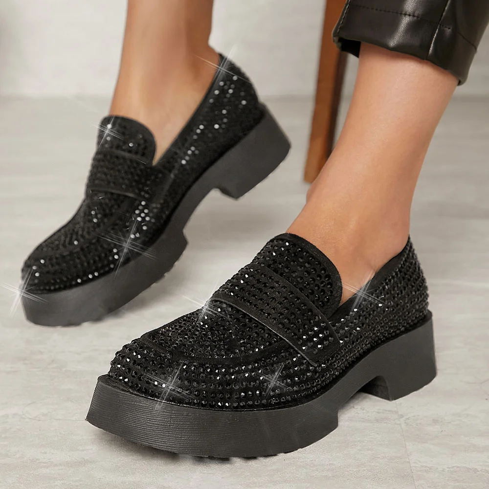 Black  Platform Lug Sole Loafers Chunky Round Toe Loafers Nicepairs