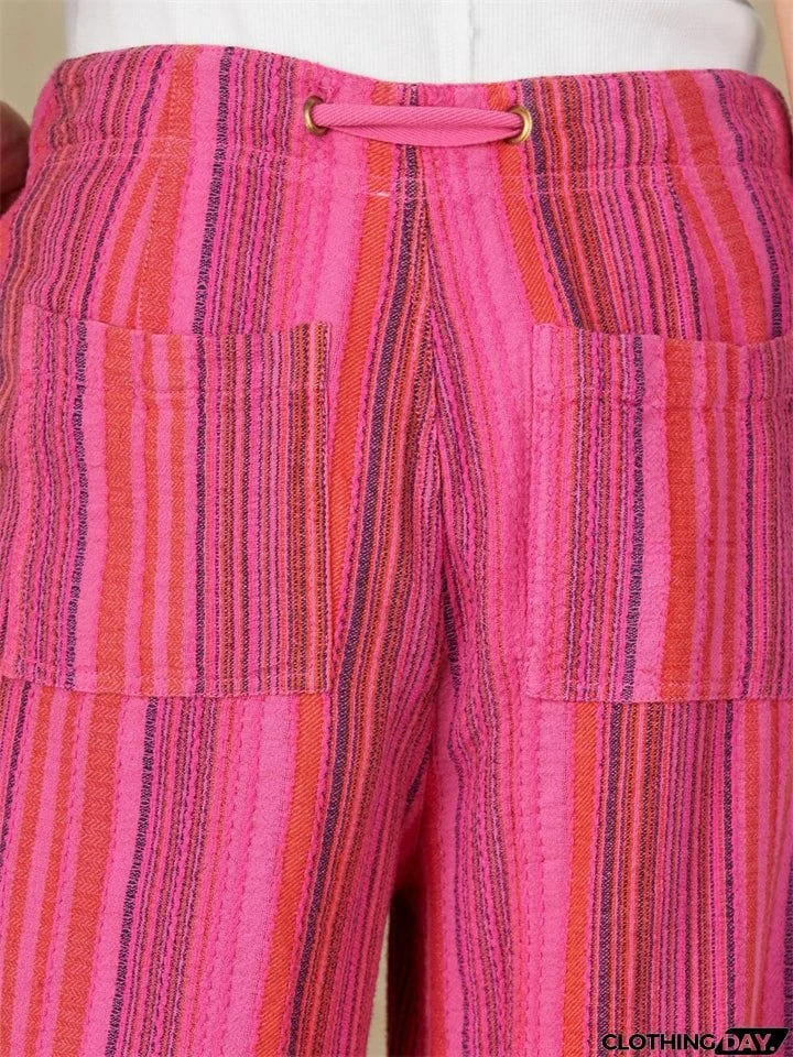 Summer Beach Drawstring Stretchy Stripe Straight Leg Pants for Women