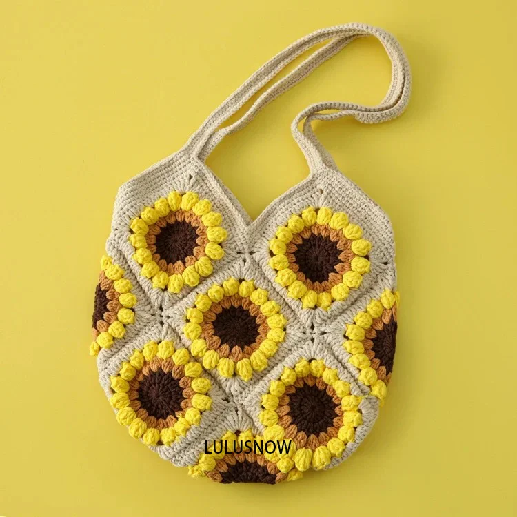 Lulusnow Handmade White Beige Granny Square Sunflower Crochet Bag, Amigurumi Sunflower Shoulder Bag, Handmade Bag for Girls