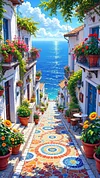 Luxury AB Velvet Diamond Painting Kit - Santorini Style Coastal Street