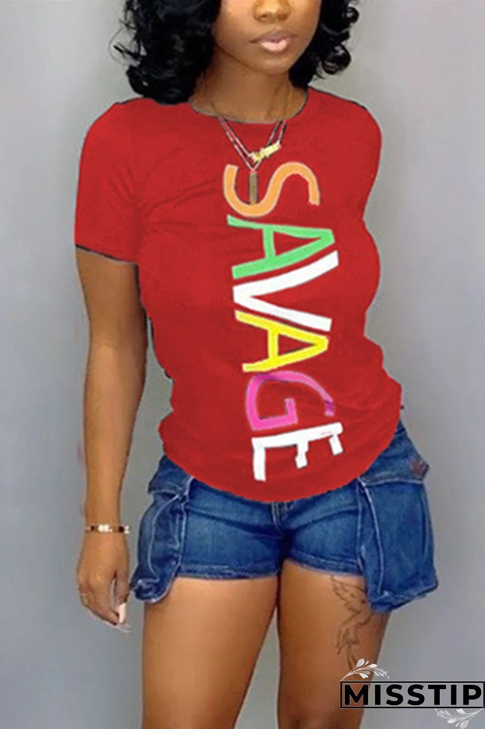 Red Stylish Sweet Letter Digital Positioning Print T-shirt