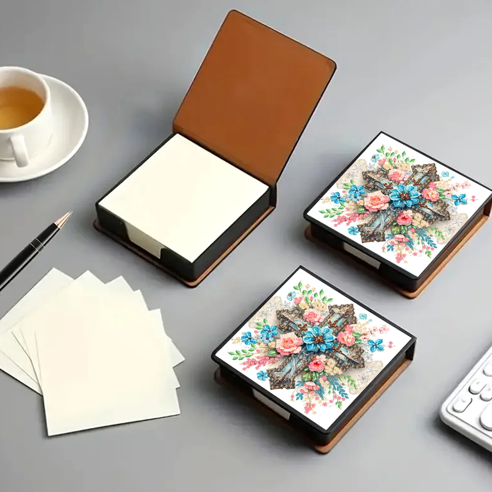 DIY Flower Cross Leather Diamond Art Note Box with 160 Sheets of Paper for Beginners