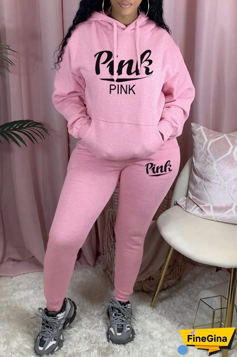 Black Casual Letter Print Basic Hooded Collar Long Sleeve Two Pieces