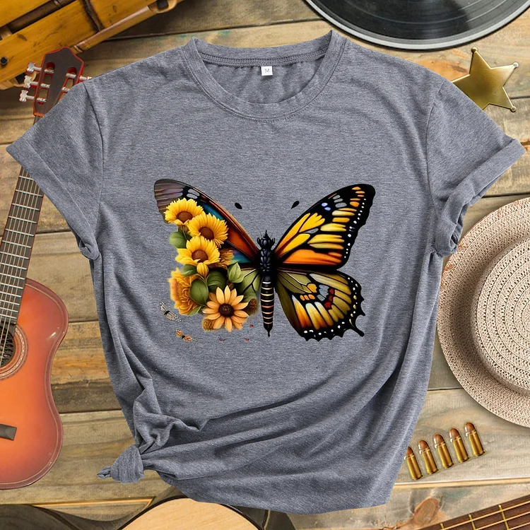 Flower and Butterfly Pattern Neck T-shirt