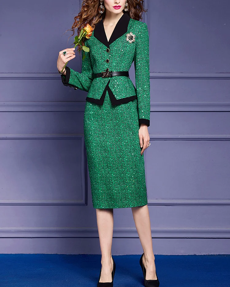 Elegant Tweed Jacket And Skirt Two-Piece Set