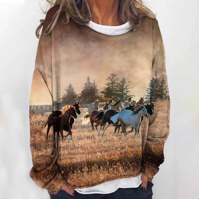 Western Horse Print Crew Neck Loose Casual Sweatshirt