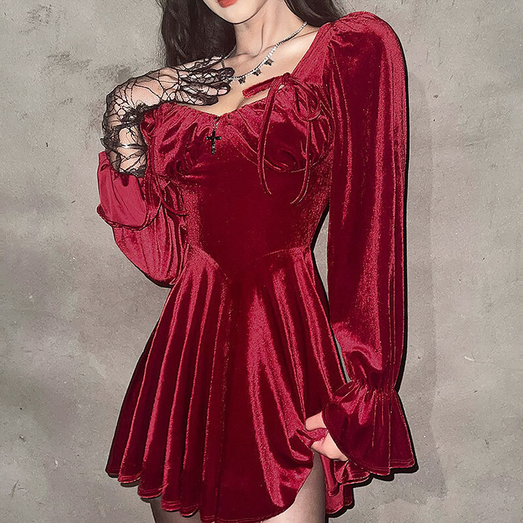 Sexy Elegant Velvet Retro Red Dress - Gotamochi Kawaii Shop, Kawaii Clothes