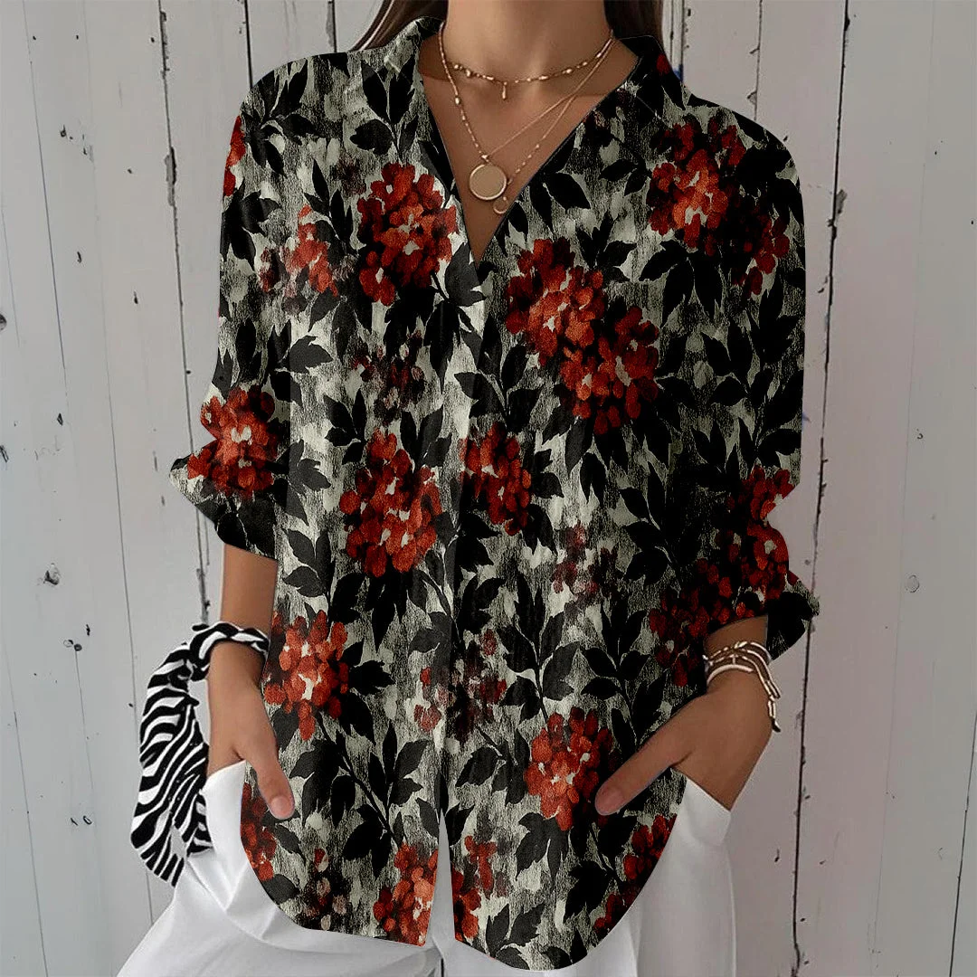 Style & Comfort for Mature Women Women Floral,  Orange,  Black DZCL0416 3/4 Sleeve Shirt Collar Printed Button Tops