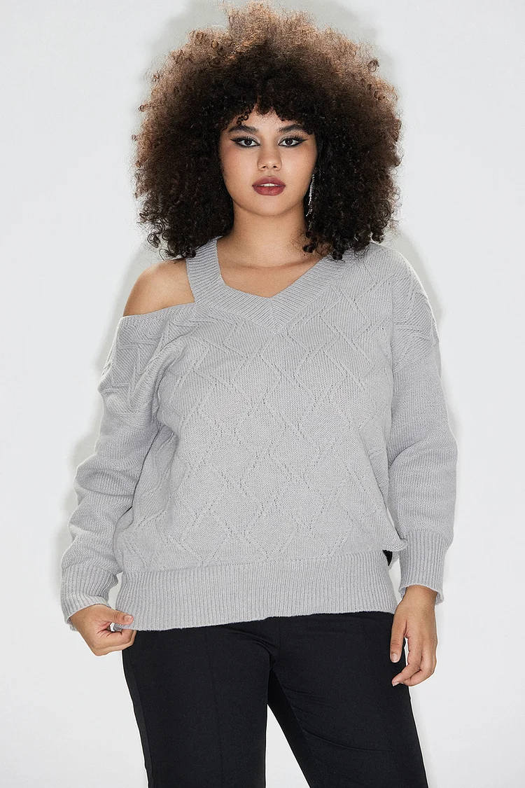 Plus Size Semi Formal Sweaters Casual Grey Fall Winter V Neck Long Sleeve Ripped Knitted Sweaters [Pre-Order]