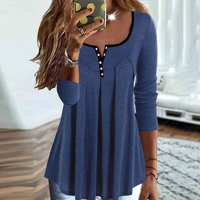 Solid Color V Neck Long Sleeve Casual T-Shirt