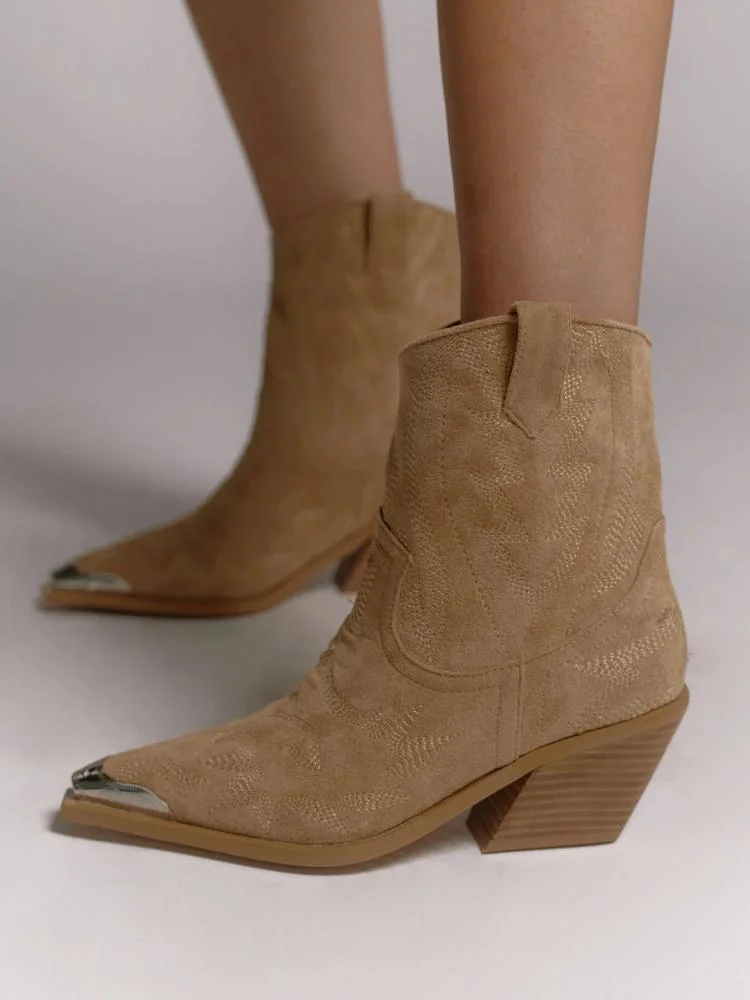 Silver Toe Embroidered Cowgirl Ankle Boots Wide Calf Western Block Heeled Booties