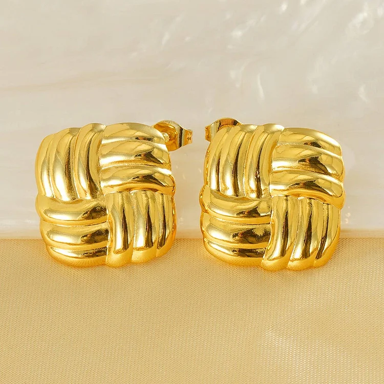 Cwaje1938_Stainless Steel Square Grain Stud Earrings,Gold