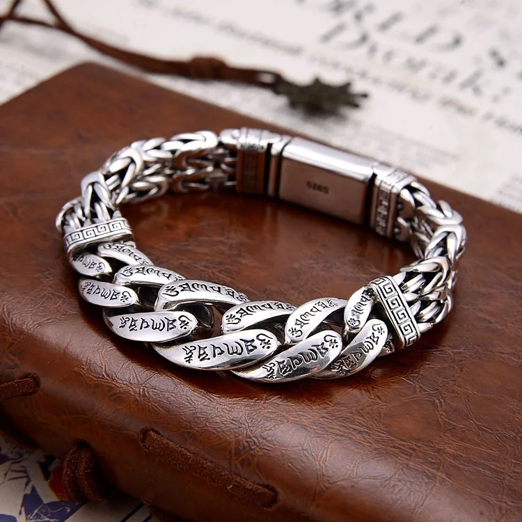 New Silver Jewelry  Bracelet Personality Domineering Six-character Mantra Peace Pattern
