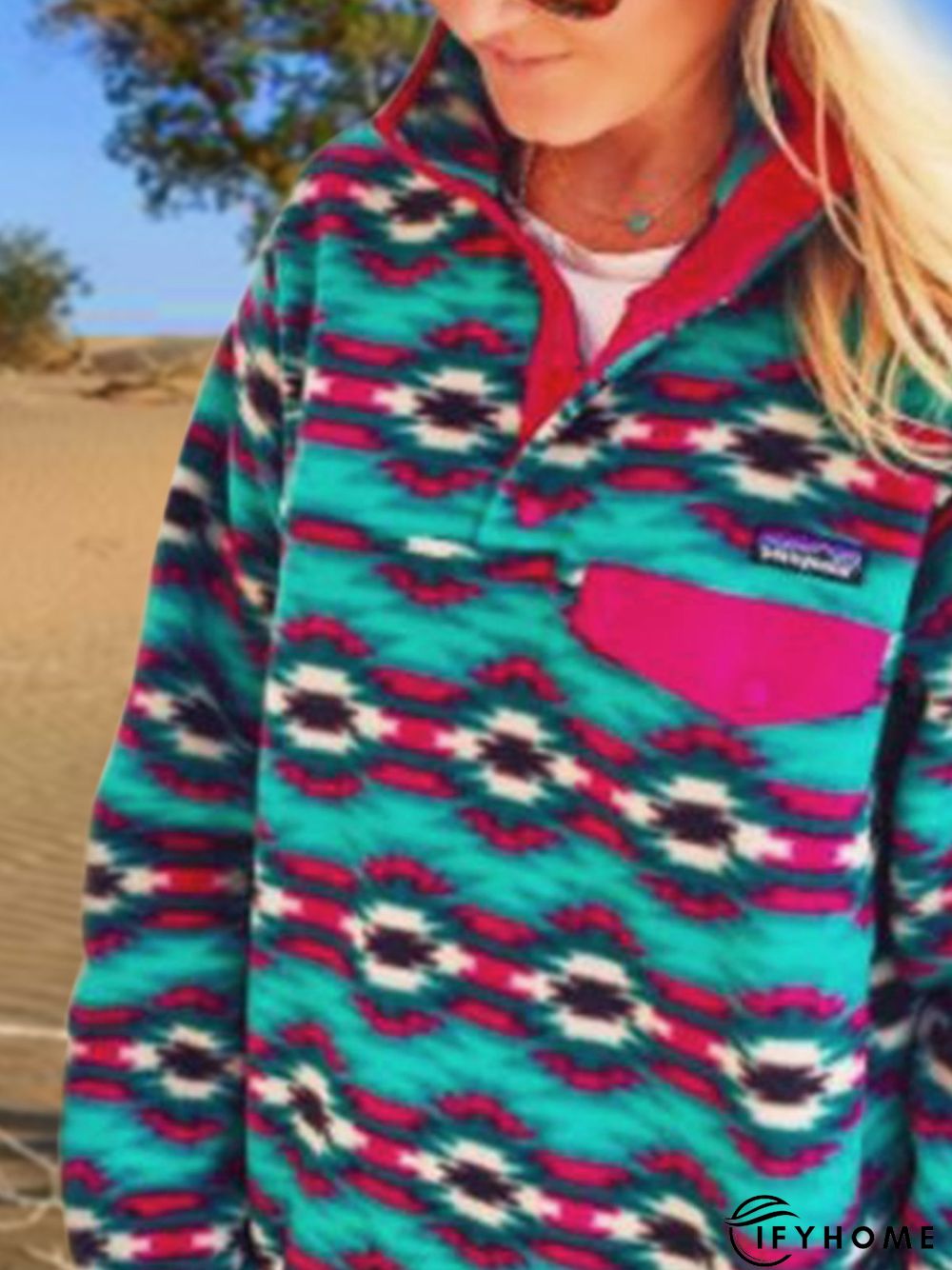 Blue Long Sleeve Shawl Collar Geometric Printed Tunic Sweatshirt | IFYHOME