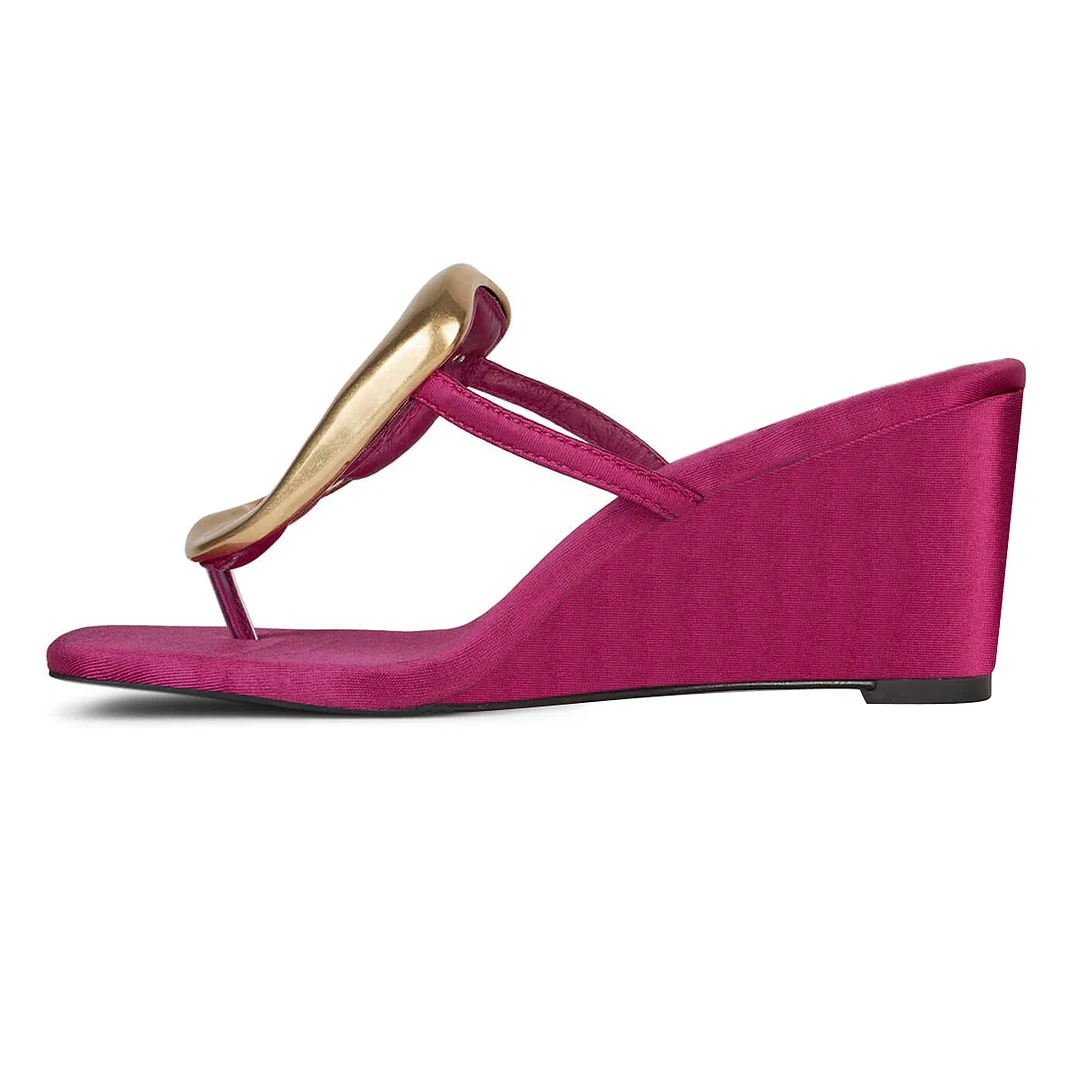 Fuchsia Satin Square Toe Gold Buckle Sandals with Wedge Heels