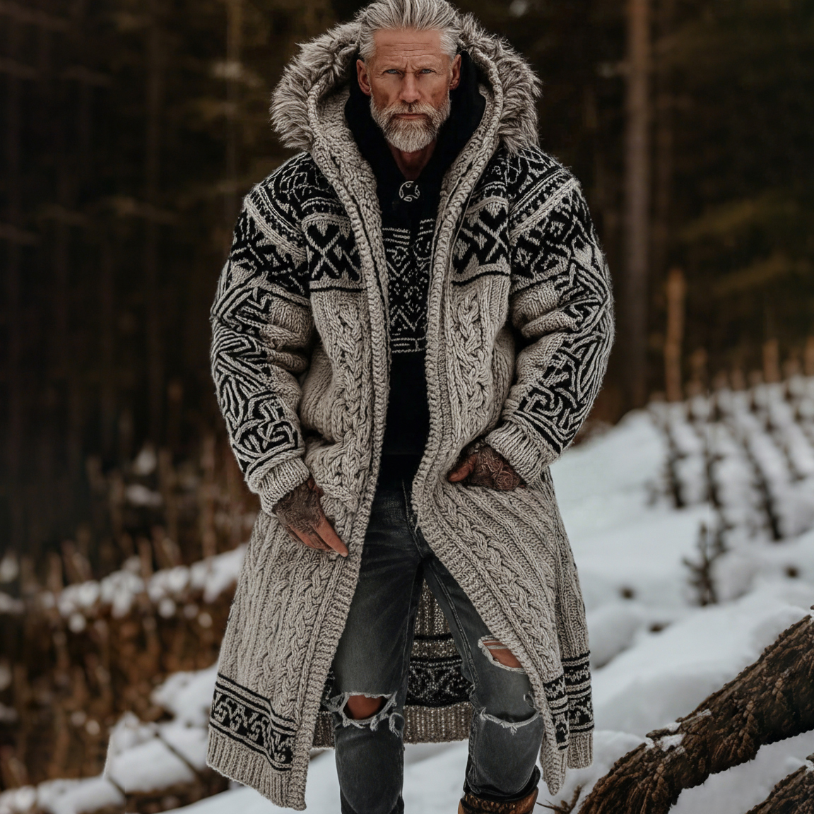 Men's Retro Celtic Knot Art Knit Mid-length Fur Collar Hooded Cardigan elevenforest