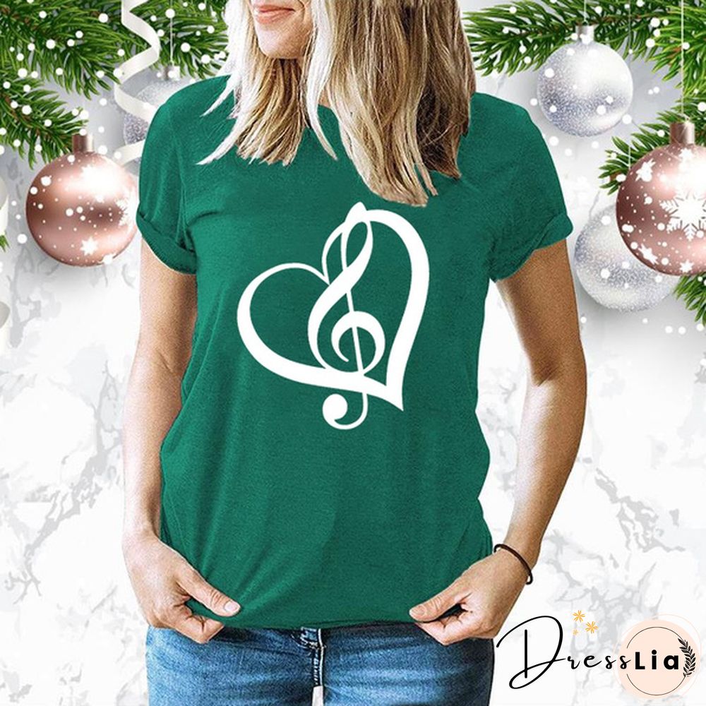 Cute Music Printed T-Shirts Women Short Sleeve Funny Round Neck Tee Shirt Casual Summer Tops