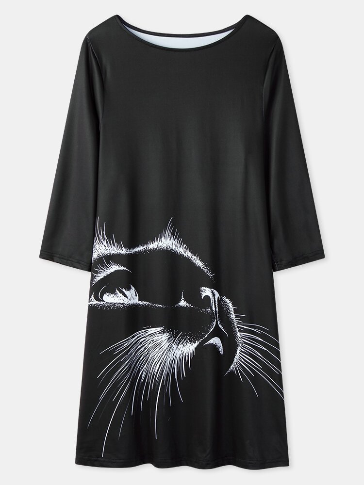 Cartoon Cat Print O neck Long Sleeve Casual T Shirt For Women P1827325