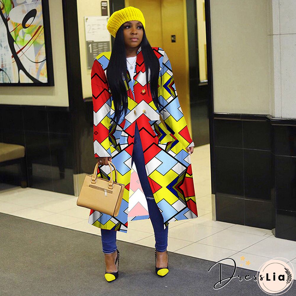 Women's Colorful Geometric Plaid Printed Lapel Long Coat