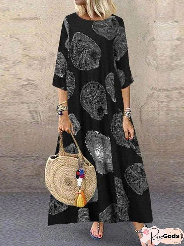 Vintage Cotton Print A-Line Round Neck Casual Maxi Dresses Black Dresses