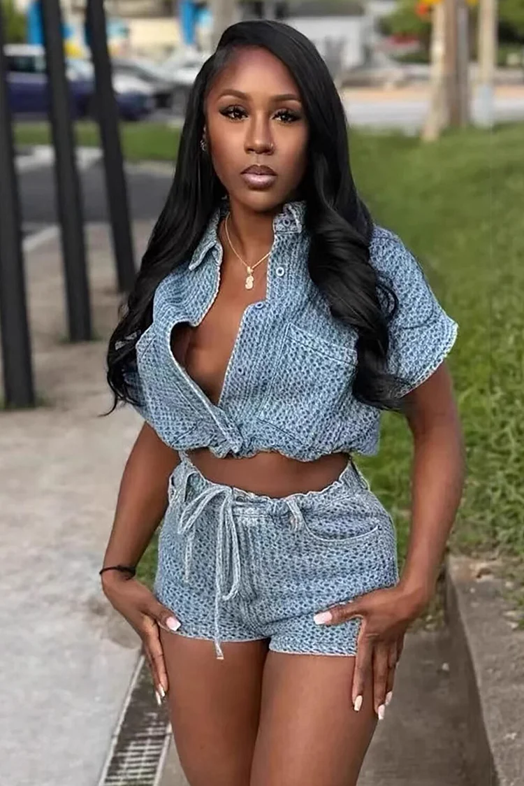 Textured Denim Short Sleeve Crop Blouse Tie Up Shorts 2pcs Set-Blue