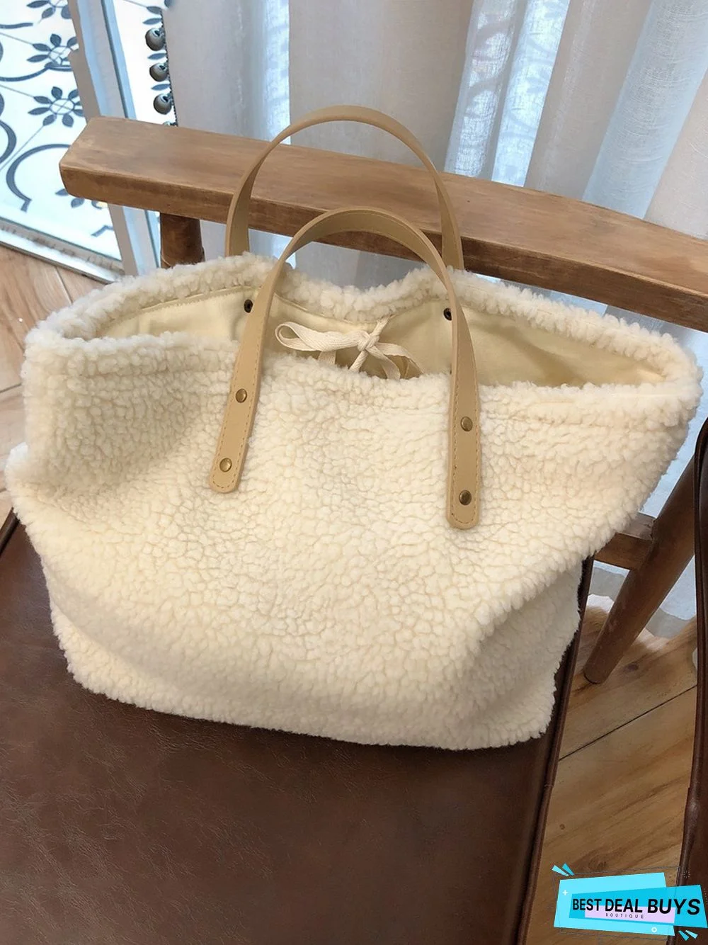 Pure Color Lambswool Large Capacity Handbag