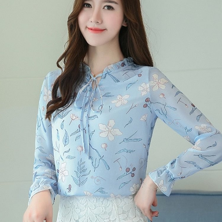 2022 Plus Size Chiffon Blouses Shirts Ladies Floral Print V-neck Women Tops Blouse Long Sleeve Blusas Chic Female Tops New 900