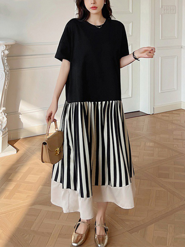 Striped Contrast Hem Short Sleeve Loose Midi Dress