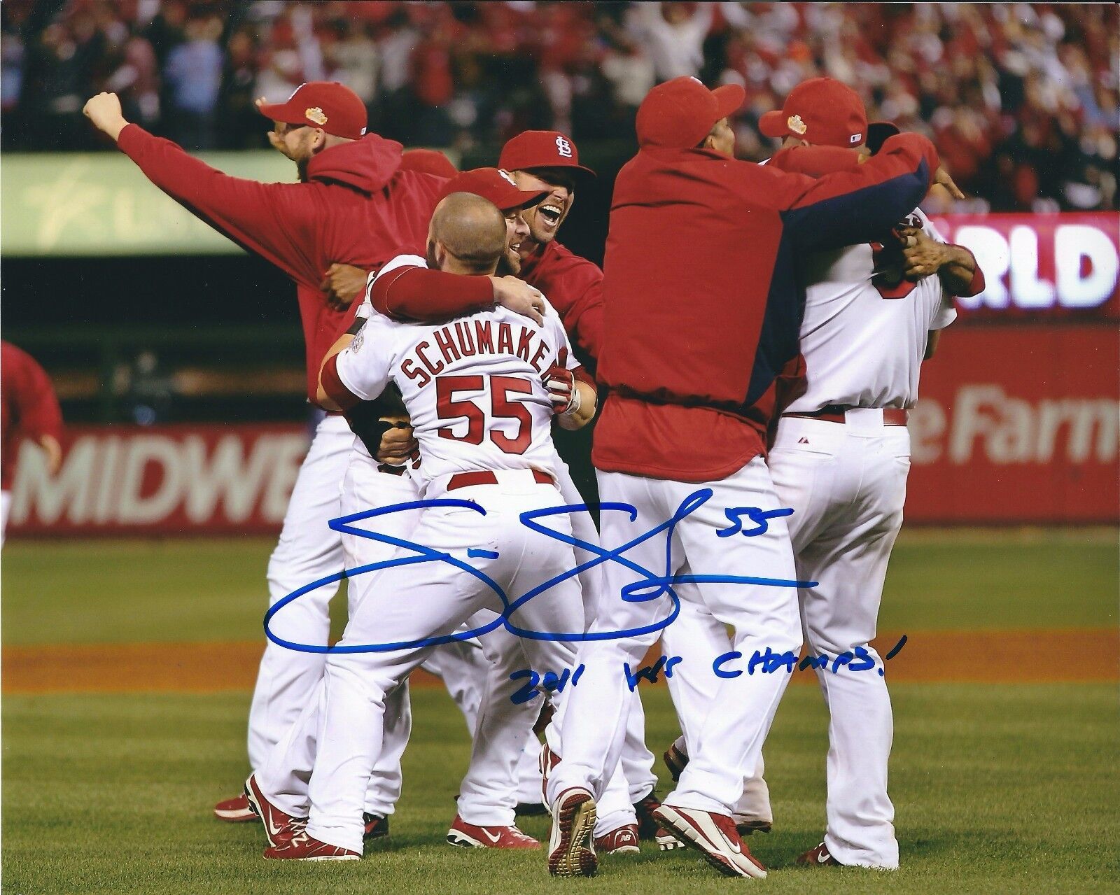 Signed 8x10 SKIP SCHUMAKER 2011 WS Champs St Louis Cardinals Photo Poster painting COA