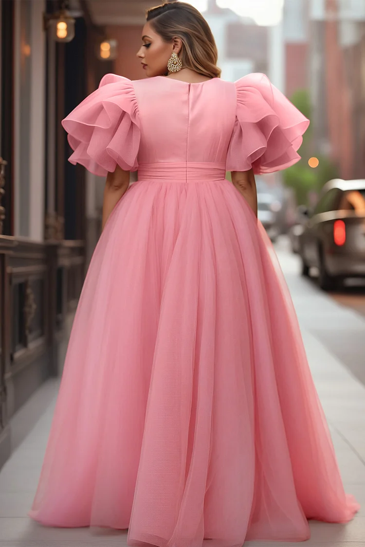 Xpluswear Design Plus Size Formal Pink V Neck Flutter Sleeve Ruffle Tiered Tulle Maxi Dresses [Pre-Order]