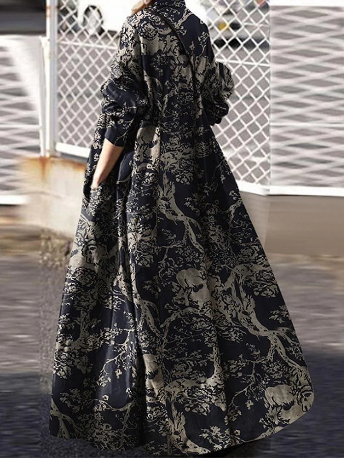 Printed Cotton and Linen Retro Long-sleeved Dress