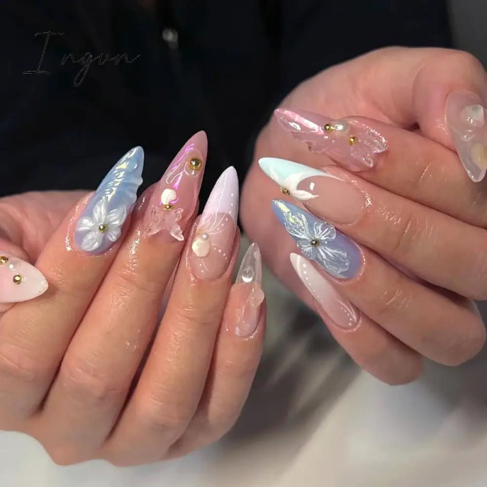 24pcs 3D Flower Fake Nail Patch French Almond Summer Sea Shell Decor False Nail Full Cover Wearable Press on Nails Tips for Girl