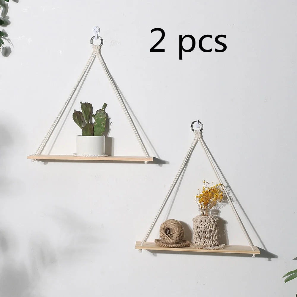 Hanging Shelves Wall Macrame Rope Wood, Swing Triangle Floating Shelf, Modern Boho Decor, Plant, Living Room, Bedroom