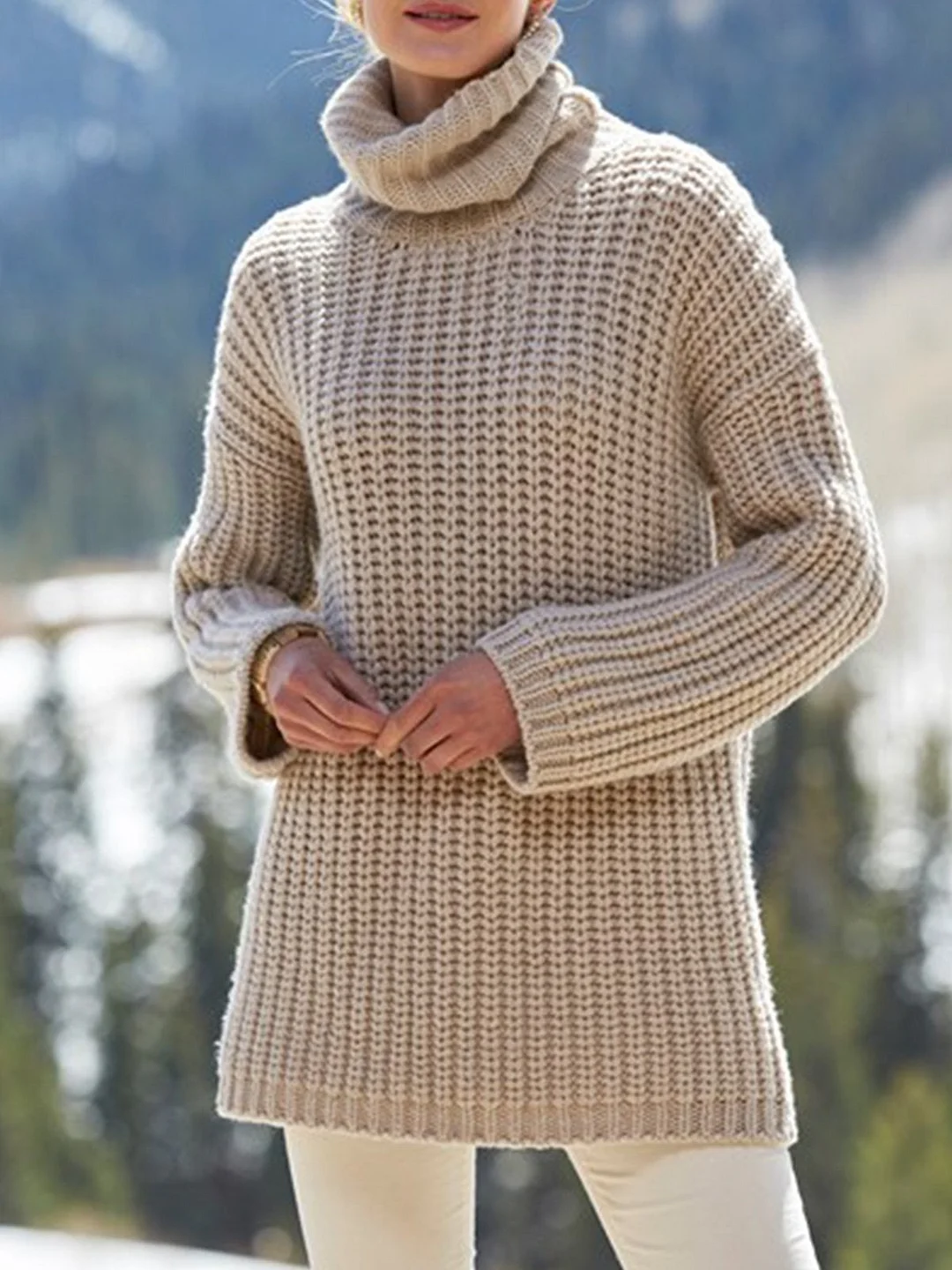 Apricot Long Sleeve Knitted Turtleneck Plus Size Sweater